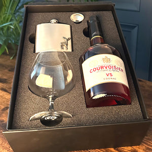 Brandy Gift Set Includes Luxury Bottle, Brandy Glass, 6oz Stainless Steel Flask & Funnel