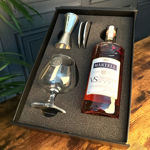 Luxury Brandy Gift Set Includes Bottle, Personalised Brandy Glass, Spirit Measure and 2 Coasters