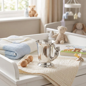 Tasse de baptême pour enfants en étain avec poignée ourson