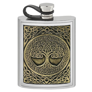 6oz Pewter Hip Flask with Embossed Brass Tree of Life design and Flexi Cap