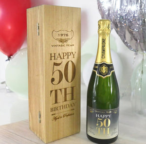 50th Birthday Gift For Him or Her Personalised 75cl Bottle of Champagne Presented in an Engraved Wooden Box 1976