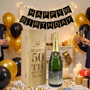 50th Birthday Gift For Him or Her Personalised 75cl Bottle of Champagne Presented in an Engraved Wooden Box 1976