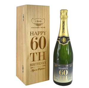 60th Birthday Gift For Him or Her Personalised 75cl Bottle of Champagne Presented in an Engraved Wooden Box 1966