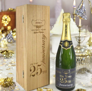 25th Anniversary Personalised 75cl Bottle of Champagne Presented in an engraved Wooden Box 2001