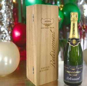 Retirement Gift Personalised 75cl Bottle of Champagne Presented in an engraved Wooden Box 2026