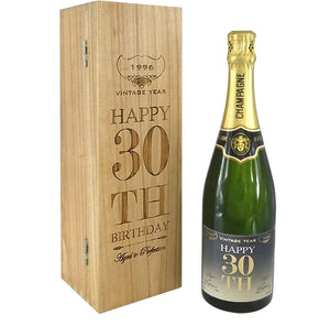 30th Birthday Gift For Him or Her Personalised 75cl Bottle of Champagne Presented in an Engraved Wooden Box 1996