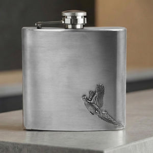 6oz Stainless Steel Hip Flask With Pewter Pheasant Emblem
