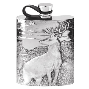 6oz Embossed Stag Pewter Hip Flask with Flexi Cap