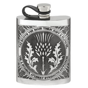 6oz Pewter Hip Flask with Tae A Thistle design and Flexi Cap