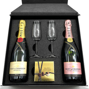Luxury Champagne Gift Set Includes Moet Brut & Rose, 2 Champagne Flutes & Truffles