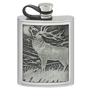 6oz Pewter Hip Flask with Embossed Stag Badge & Flexi Cap