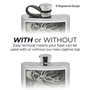 6oz Pewter Hip Flask with Embossed Stag Badge & Flexi Cap