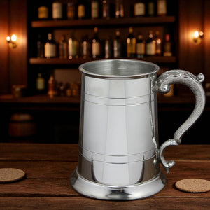 1 Pint* Pewter Beer Mug Tankard With Intricate Curved Handle