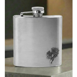 6oz Stainless Steel Hip Flask With Pewter Scottish Thistle Emblem