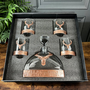 Majestic 570ml Whisky, Wine & Spirits Copper Stag Crystal Decanter Gift Set Includes 4x 11oz Stag Copper Tumblers