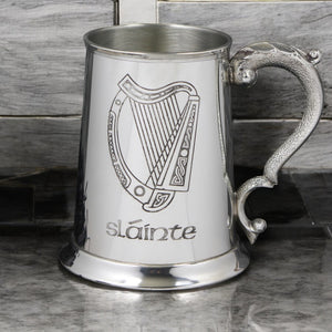 1 Pint* Pewter Beer Mug Tankard with Slainte Irish Harp Design