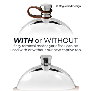 5.5oz Round Ellipse Pewter Hip Flask With Leather Pouch and Leather Captive Top