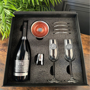 Luxury Prosecco Gift Set Includes Bottle, 2 Personalised Flutes, Pewter Bottle Sealer, Pewter Bottle Coaster & 4 Pewter Coasters