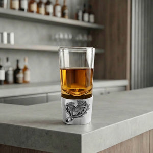 Pewter Shot Glass With Scottish Thistle Badge