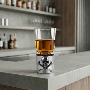 Bicchiere da shot in peltro con distintivo di veleno con teschio e ossa incrociate