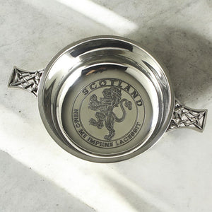 3.5 Inch Celtic Knot Handle Pewter Quaich Bowl with Rampant Lion Design