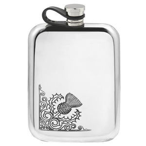 6oz Pewter Hip Flask With Scottish Thistle Design and Flexi Cap