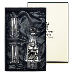 70th Birthday or Anniversary Gift 1954 Vintage Years Pewter & Crystal Mini Decanter Set With Shot Glasses