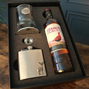 Luxury Whisky Gift Set Includes Bottle, Personalised 11oz Whisky Tumbler, Pewter Coaster & Stainless Steel Hip Flask & Funnel