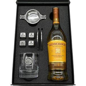 Whisky Double Set 5- 1x 11oz Monogram Whisky Glass, Whisky Stones & 2x Pewter Coasters and Pewter Quaich Bowl