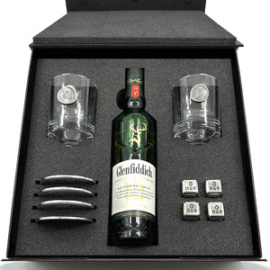 Luxury Whisky Gift Set Includes Bottle, 2 Personalised Whisky 11oz Tumblers, 4 Pewter Coasters & Set Of Whisky Stones