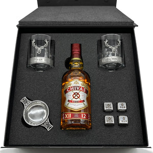 Luxury Whisky Gift Set Includes Bottle, 2.5" Pewter Quaich, Whisky Stones Set & 2 Stag 11oz Whisky Tumblers