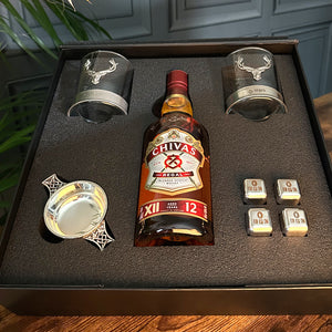 Luxury Whisky Gift Set Includes Bottle, 2.5" Pewter Quaich, Whisky Stones Set & 2 Stag 11oz Whisky Tumblers