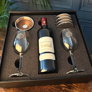 Luxury Wine Gift Set Includes Bottle, 2 Personalised Wine Glasses, Pewter Wine Bottle Coaster & 4 Pewter Coasters