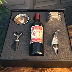 Luxury Wine Gift Set Includes Bottle, Wine Aerator, Pewter Wine Bottle Coasters, 4 Pewter Coasters & Stag Wine Bottle Stopper