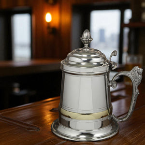 1 Pint* Extra Heavy Pewter Beer Mug Tankard with Intricate Lion Handle & Lid