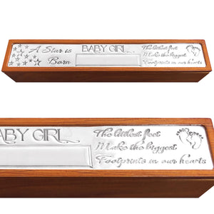 Baby Girl Birth Certificate Holder Wood & Pewter Keepsake Gift Box Personalsied