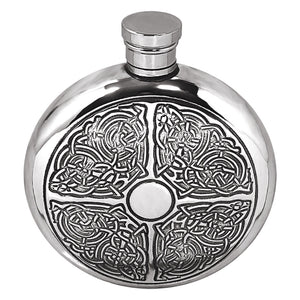 6oz Round Pewter Hip Flask with Intricate Celtic Design