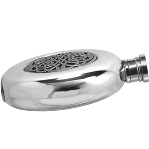 6oz Round Pewter Hip Flask with Celtic Knot Badge