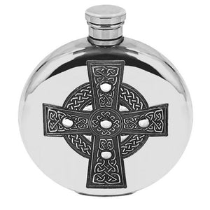 6oz Round Pewter Hip Flask with Intricate Celtic Cross Design