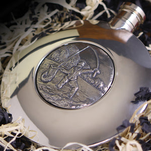 Ellipse Pewter Hip Flask with Fishing Badge