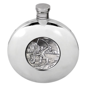 Ellipse Pewter Hip Flask with Fishing Badge