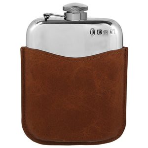 6oz Pewter Hip Flask with Hinged Captive Top & Genuine Tan Leather Pouch