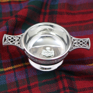 2.5 Inch Celtic Knot Handle Pewter Quaich Bowl with Scottish Thistle Badge
