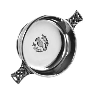 3.5 Inch Celtic Knot Handle Pewter Quaich Bowl with Scottish Thistle Badge