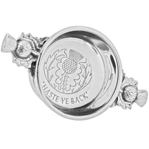 Ciotola Quaich celtica in peltro da 2,5 pollici - 'Haste Ye Back