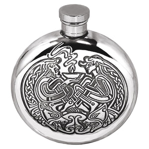 6oz Round Pewter Hip Flask with Intricate Celtic Design