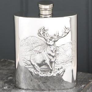 6oz Pewter Hip Flask with Embossed Highland Stag Design