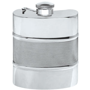 6oz Pewter Hip Flask With Satin Centre Band and Hinged Captive Top