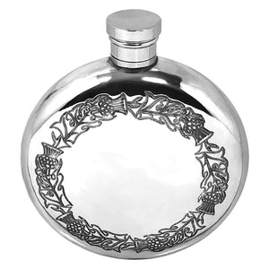 6oz Round Pewter Hip Flask with Scottish Thistle Design