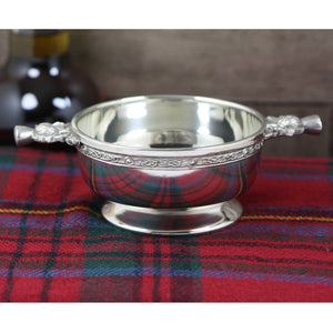 5 Inch Scottish Thistle Handle Pewter Quaich Bowl